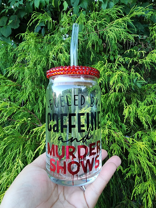 CAFFEINE AND MURDER SHOWS GLASS CAN TUMBLER